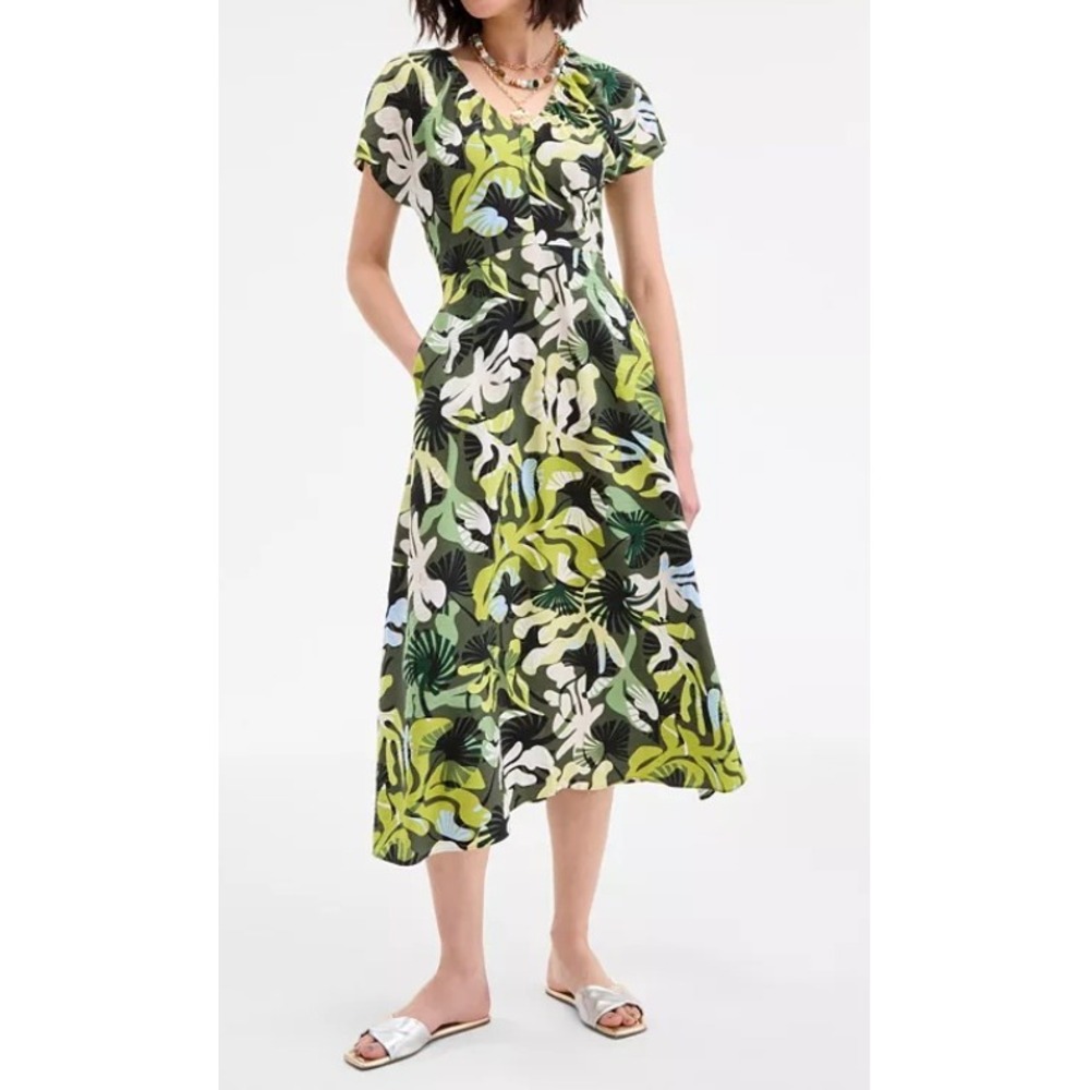 ON-34TH Flutter Sleeve Midi Dress Womens XL Green Tropical V-Neck Pockets